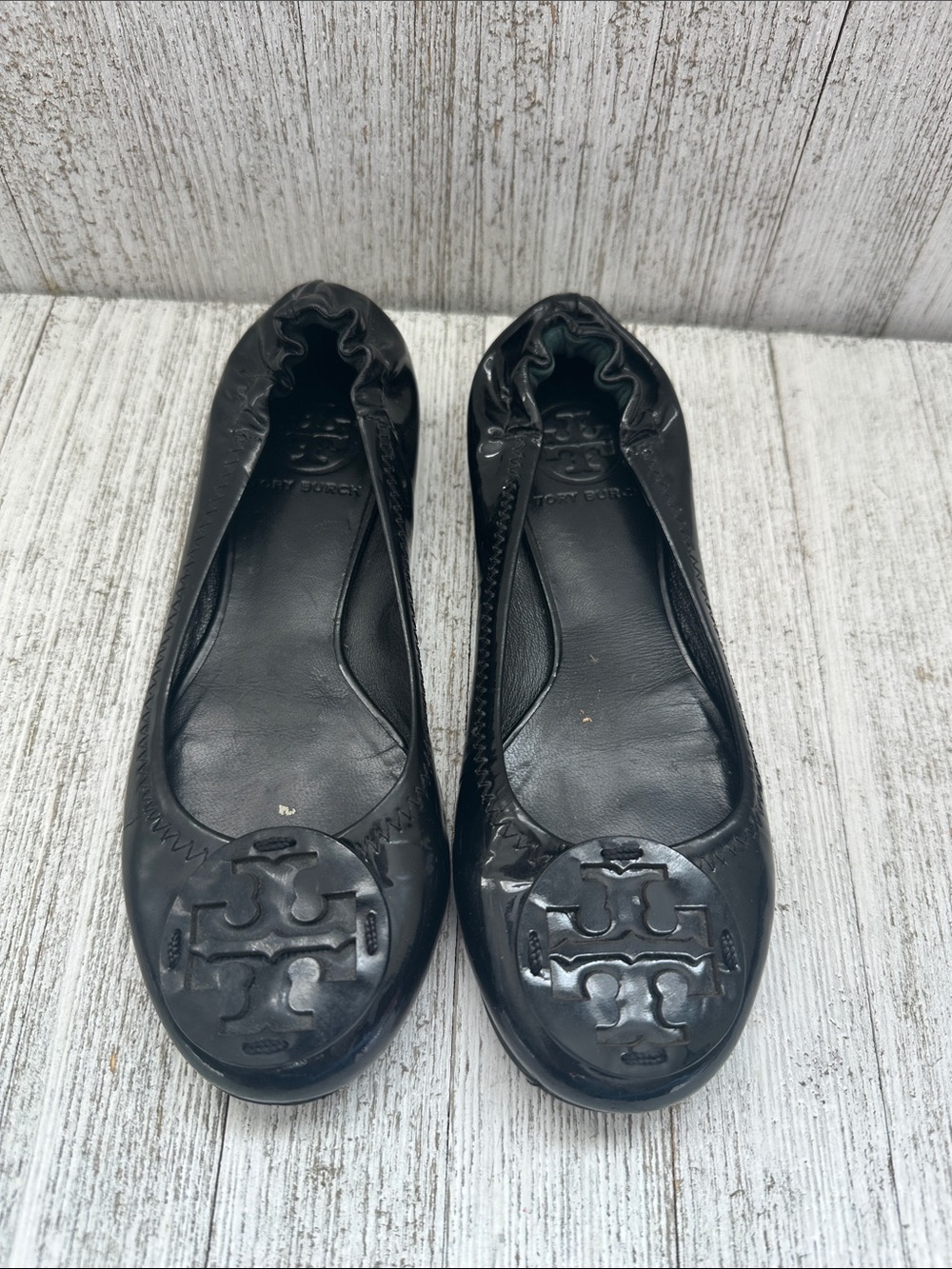 Tory Burch Reva Black Patent Leather Logo Ballet Flats